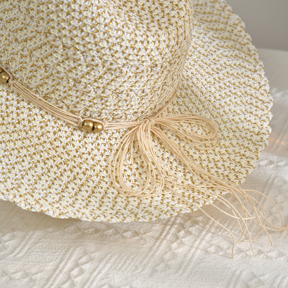 Handmade Crochet Straw Hat Women's Foldable All-Match Bow Holiday Vacation Sun Hat Beach Wide Brim Hat Korean Summer