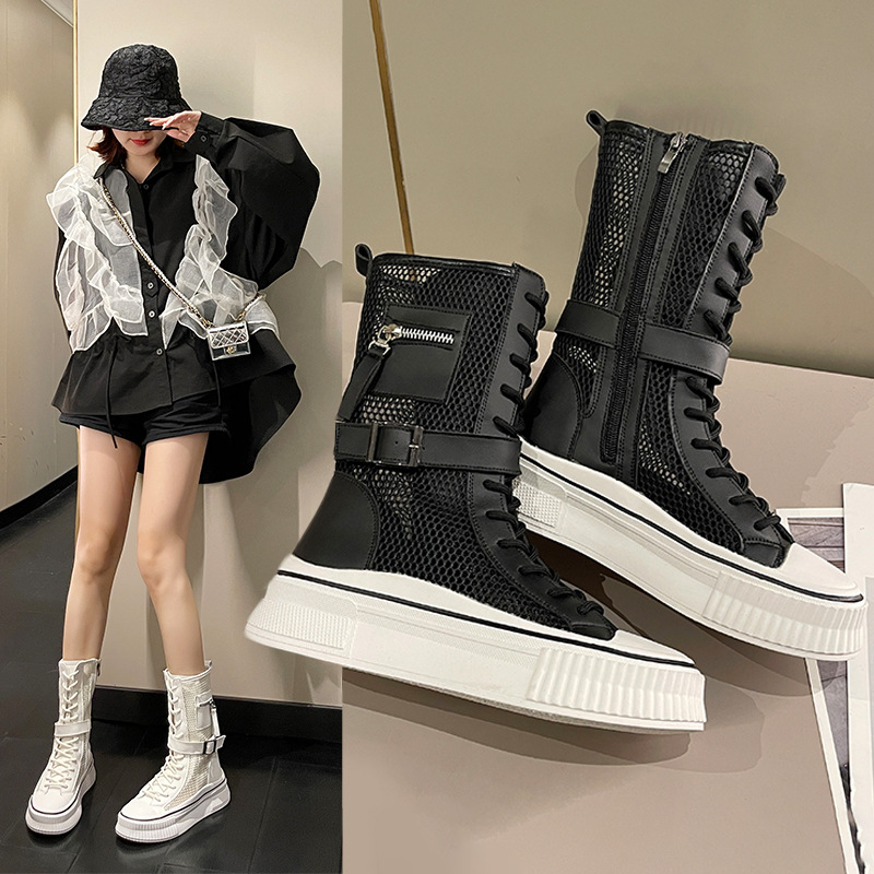 马丁靴女2022夏季新款网靴透气网纱镂空网面薄款凉靴中筒厚底女鞋