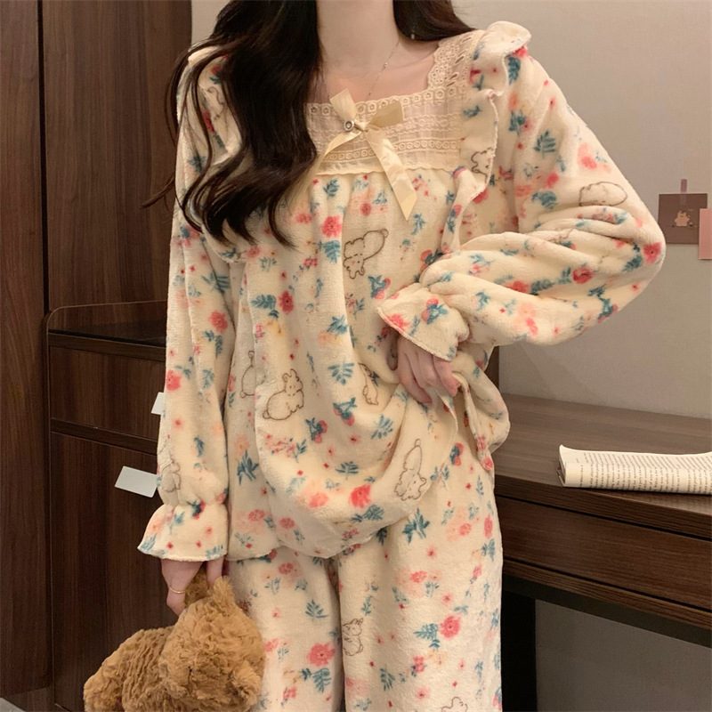 慵懒风宽松加厚加绒居家睡衣套装女装秋冬季2023新款家居服两件套