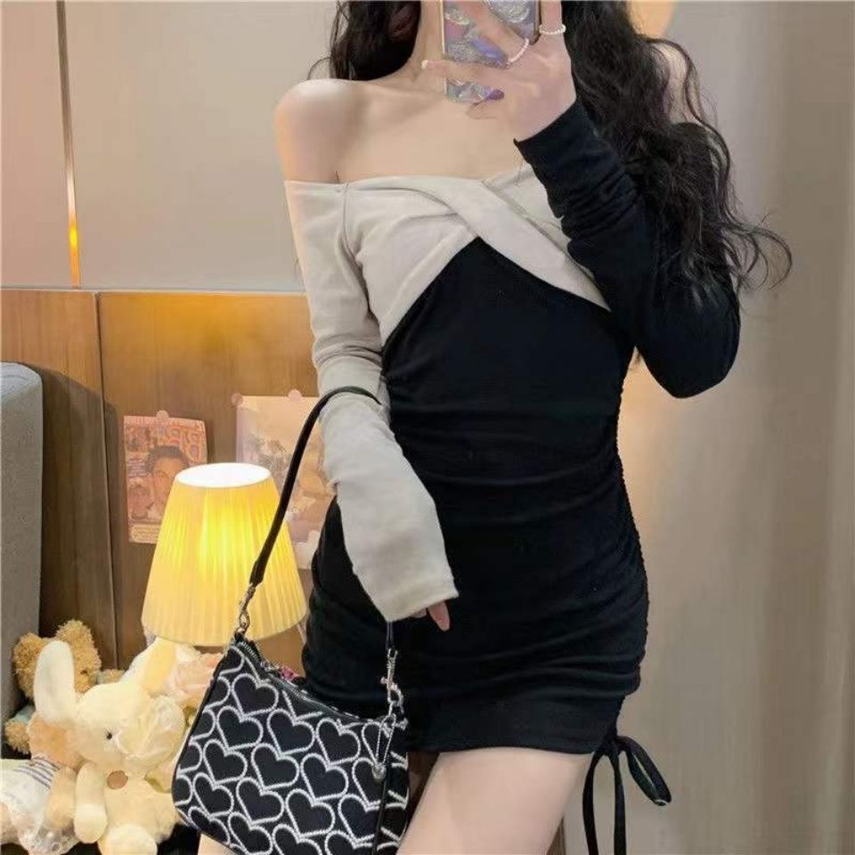 温柔风连衣裙女2022春秋季新款复古撞色拼接露肩裙子修身长袖短裙