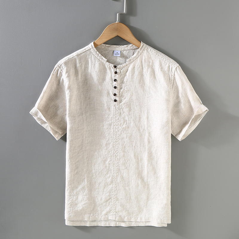 夏季亚麻料短袖t恤男装宽松休闲夏天立领t恤夏装复古棉麻布上衣服