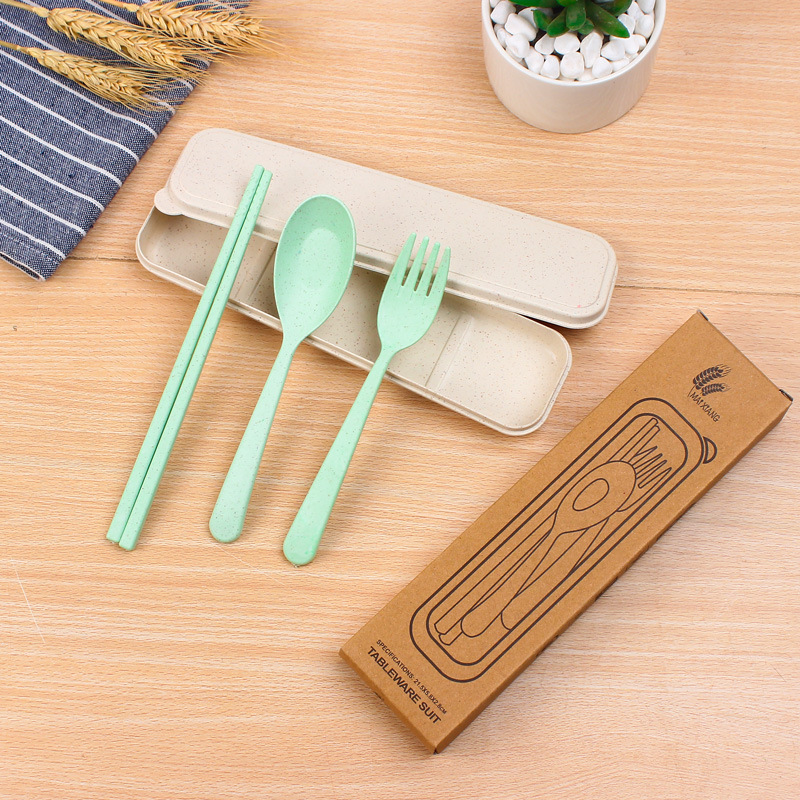 Creative Wheat Straw Spoon Chopsticks Fork Tableware Three-Piece Set Solid Color Household Portable Environmental Protection Cutlery Box Gift Box Wholesale