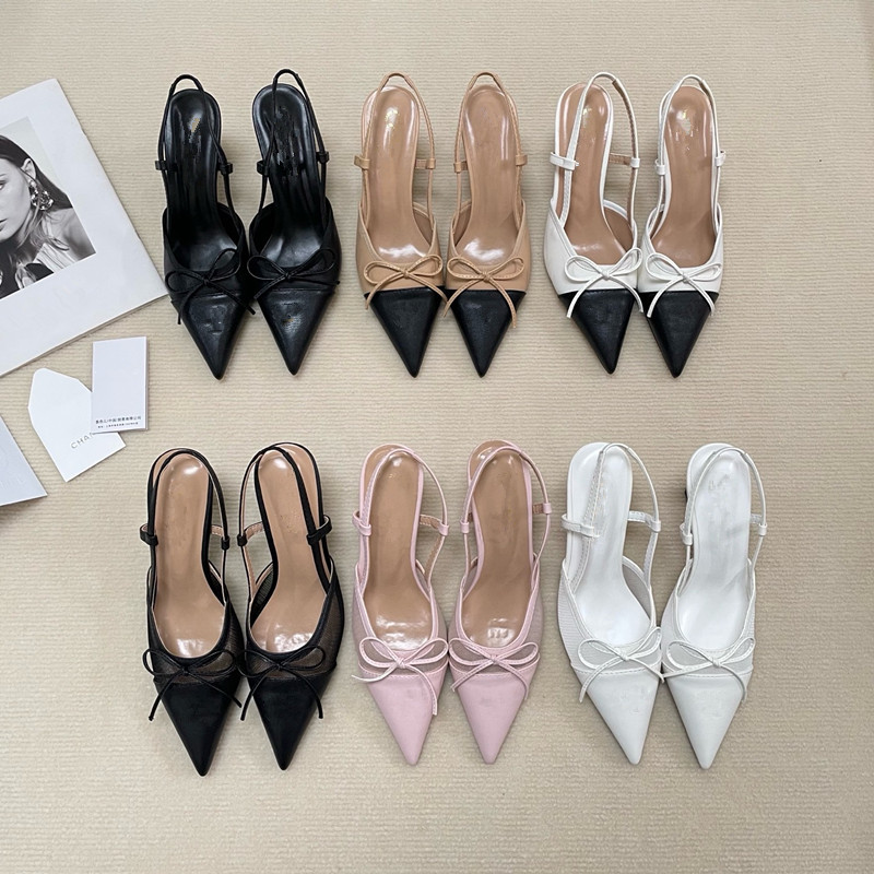 小香风高跟包头凉鞋2025年春季新款7CM细跟后空高根蝴蝶结女鞋