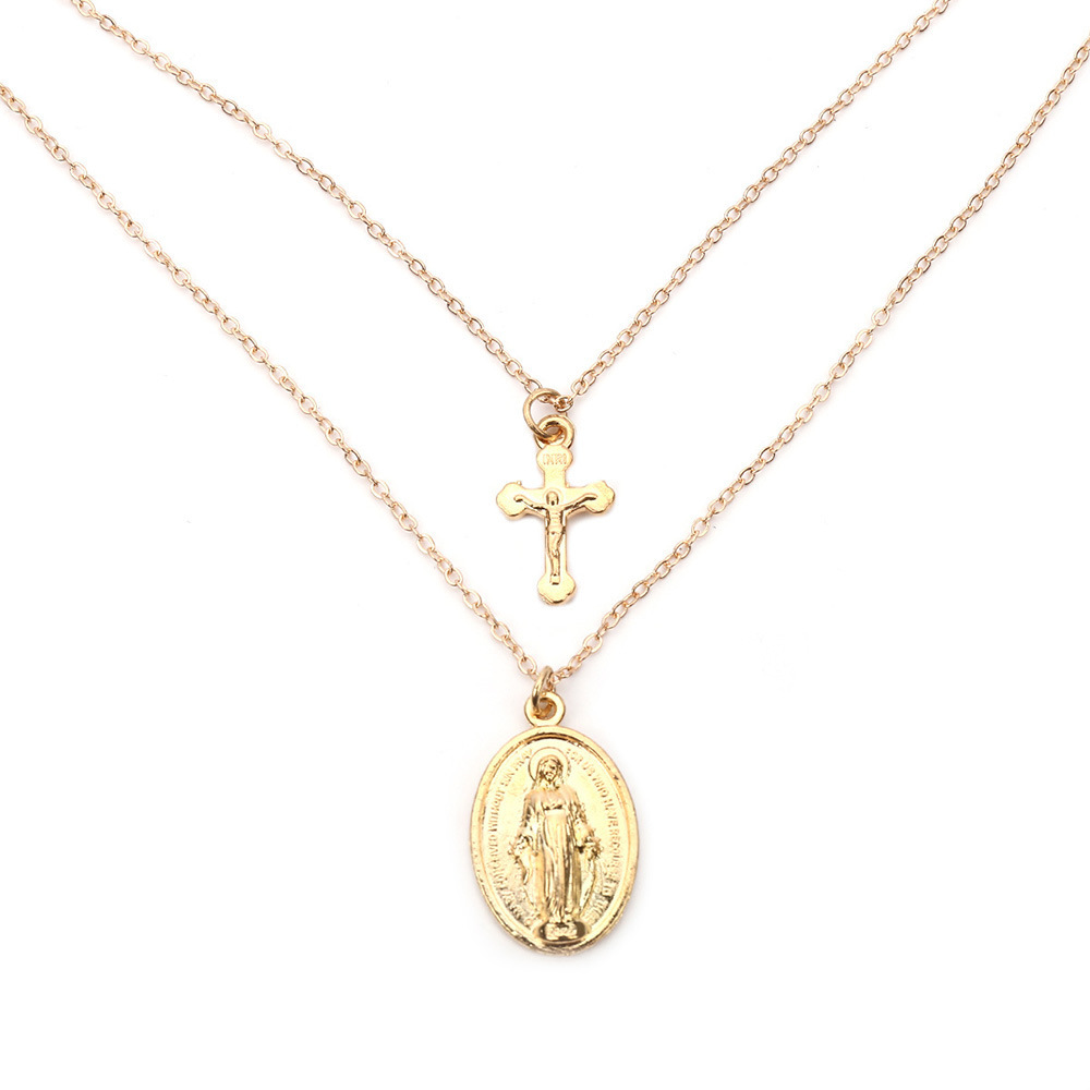 欧美时尚流行宗教圣母玛利亚十字架吊坠项链 复古双层套装锁骨链