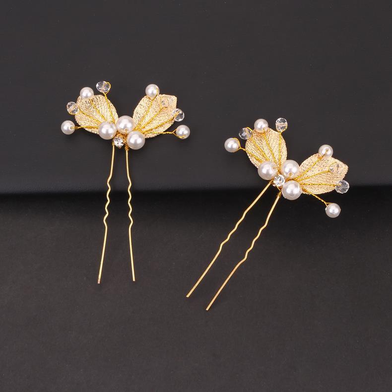 korean style golden leaf hair clasp updo gadget bridal headdress simple fashion hairpin pearl flower hair clip hairpin female