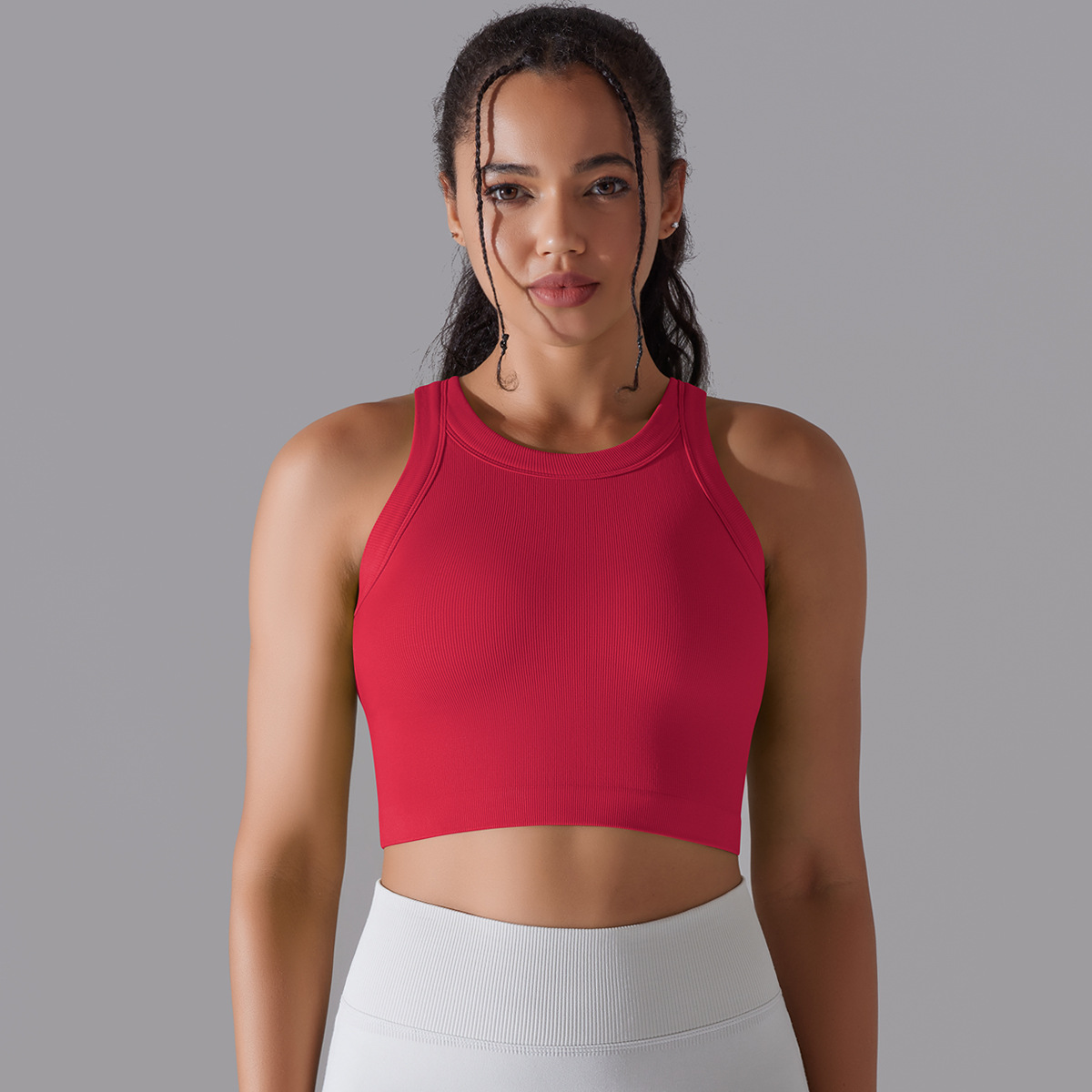 New Seamless Knitted Solid Color Rib Semi-Fixed Cup Yoga Clothes Exercise Sleeveless Vest Running Fitness Top Women