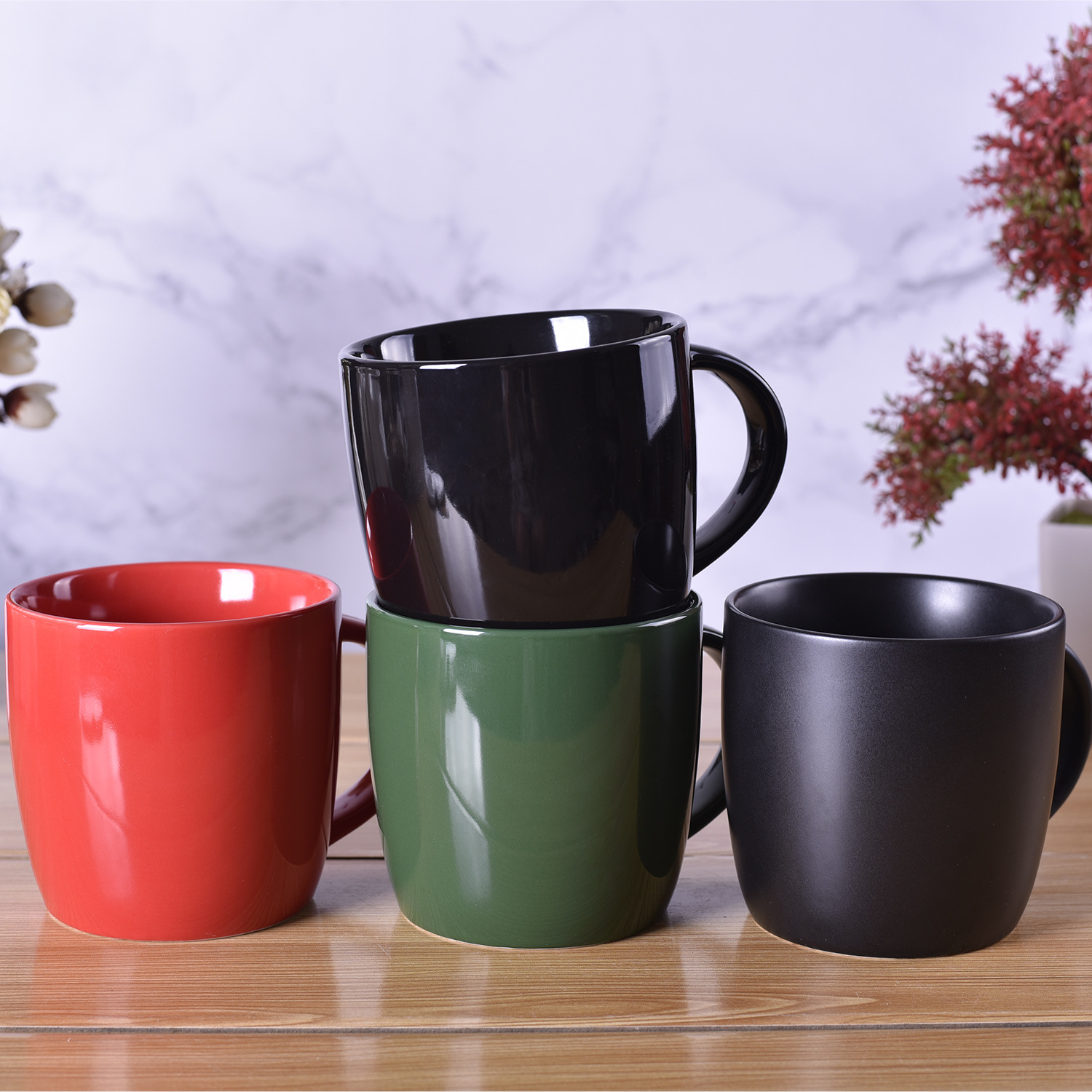 哑光黑墨绿红色北欧风简约白马克杯子陶瓷杯厚大容量水杯矮胖大口