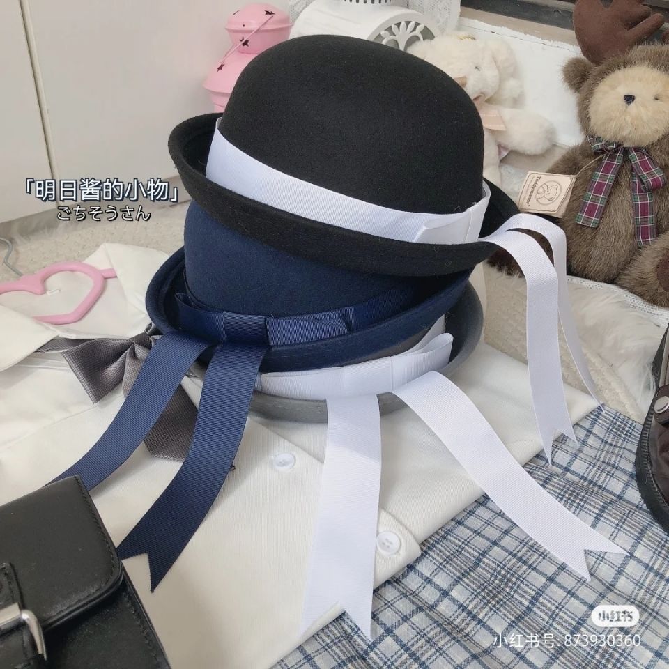 jk制服帽小圆帽日系百搭圆顶毛呢礼帽飘带帽子校供感学院风幼稚园