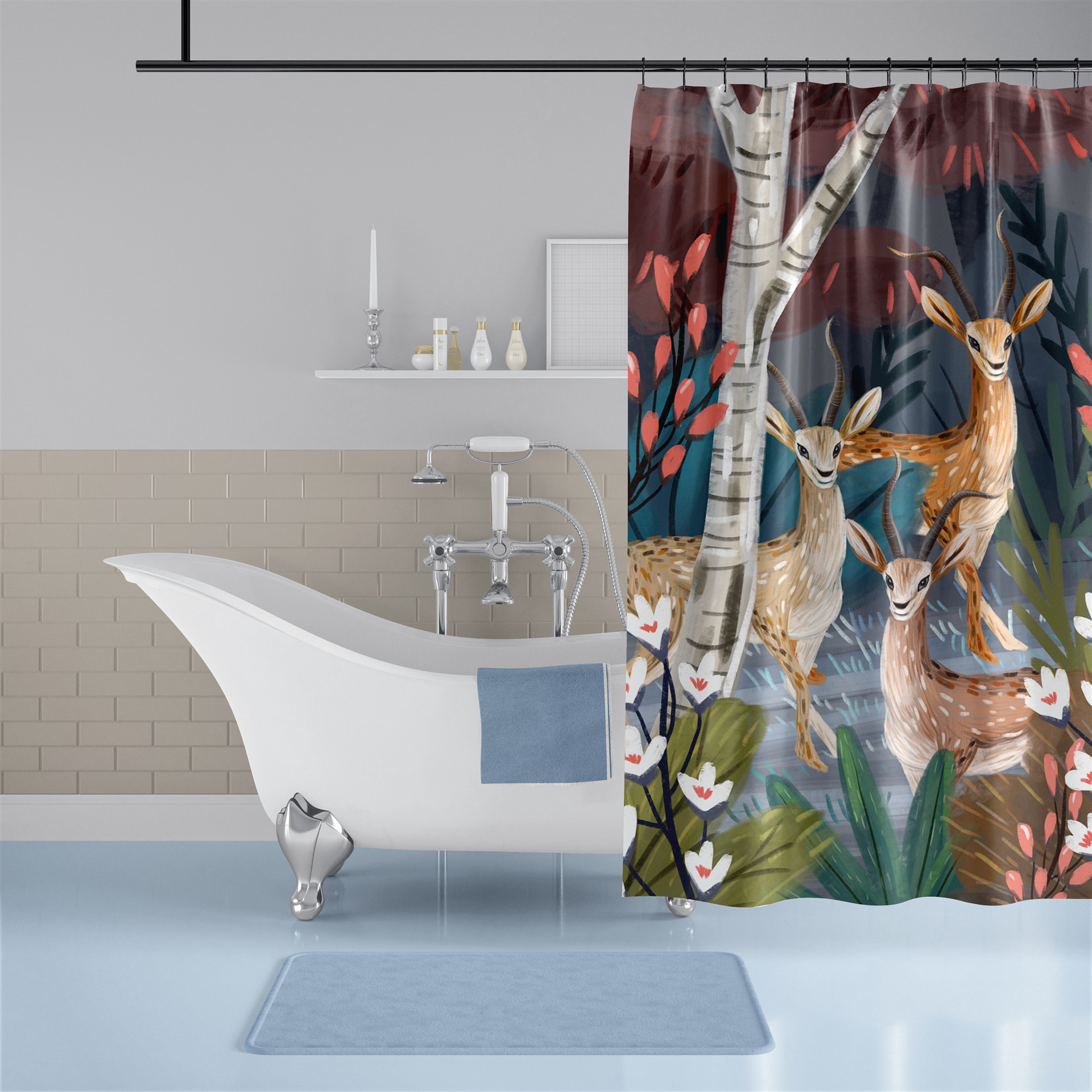 跨境亚马逊浴帘卡通动物图案3d数码印花卫生间浴室帘子隔断