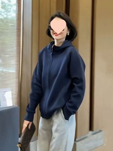 藏青色连帽卫衣外套女2024新款春季大码宽松休闲拉链开衫上衣