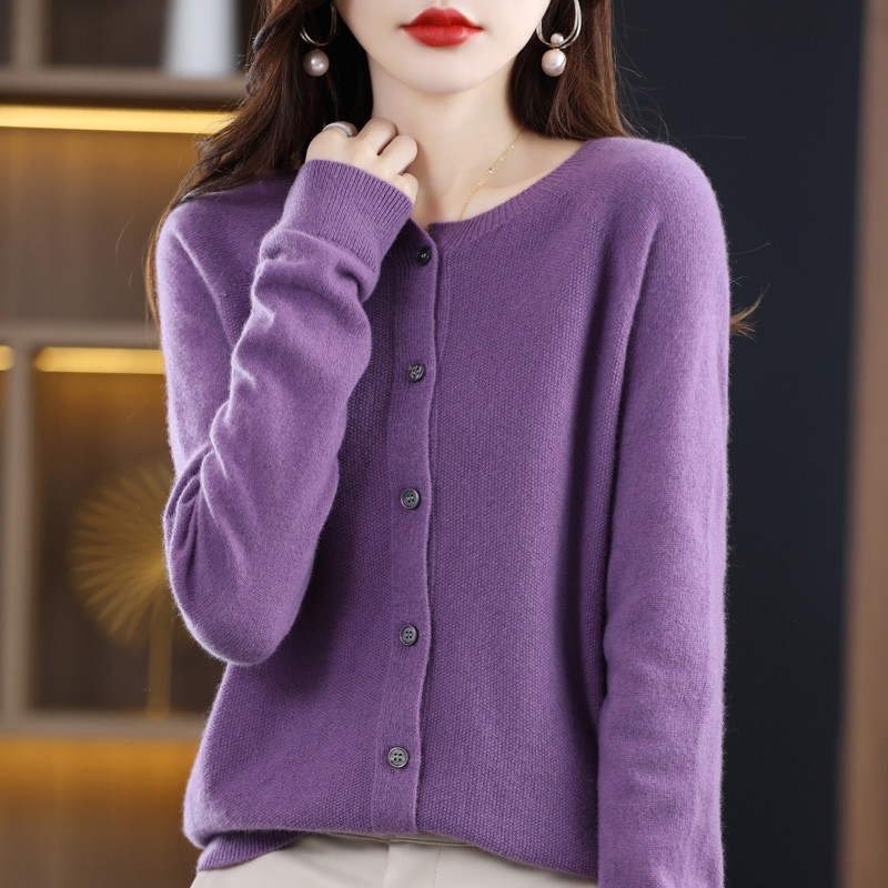 2023 New Knitwear Outerwear Sweater 100% Woolen Sweater round Neck Cardigan for Women Front Line Ready-Made Garments Loose Cardigan