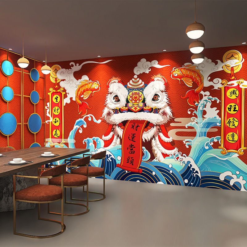 3d国潮风餐厅背景墙墙布棋牌室麻将馆墙纸龙虾烧烤饭店火锅店壁纸