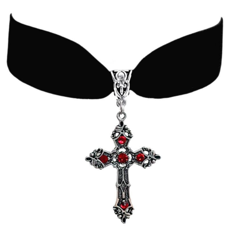 安明跨境外贸哥特式十字架红宝石吊坠天鹅绒暗黑扼流圈短项链厂家