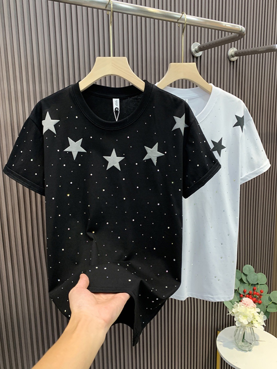 夏季男士满天星短袖男烫钻星星t恤网红潮牌情侣休闲半截袖上衣潮