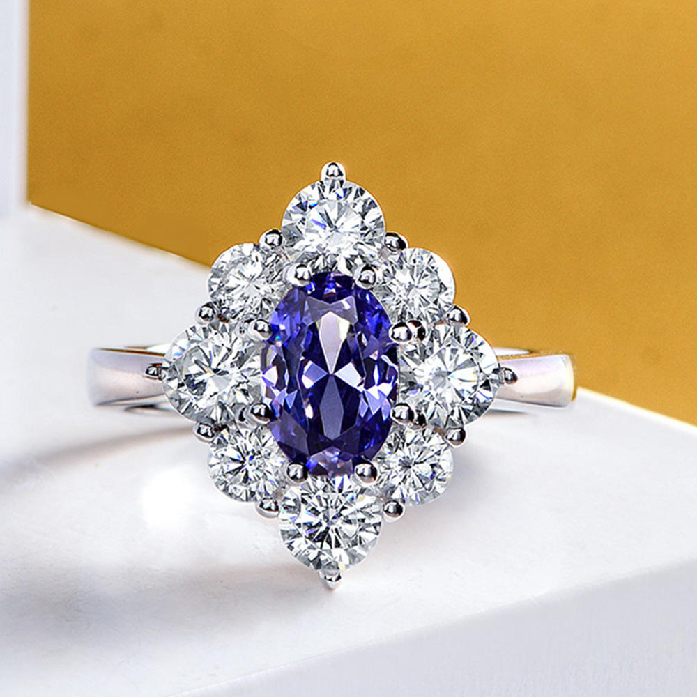 诗佩 蛋形蓝宝石豪华围镶钻戒女韩版潮轻奢小香风925纯银戒指新款