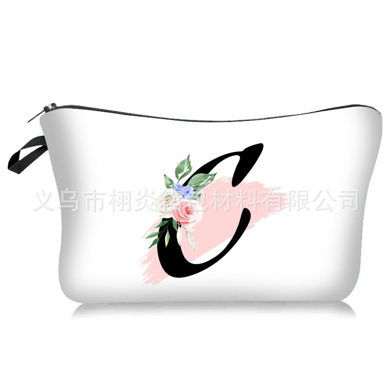 Cross-Border New Arrival 26 Letter Printed Polyester Makeup Bag Amazon Floral Letter Clutch Storage Wash Bag