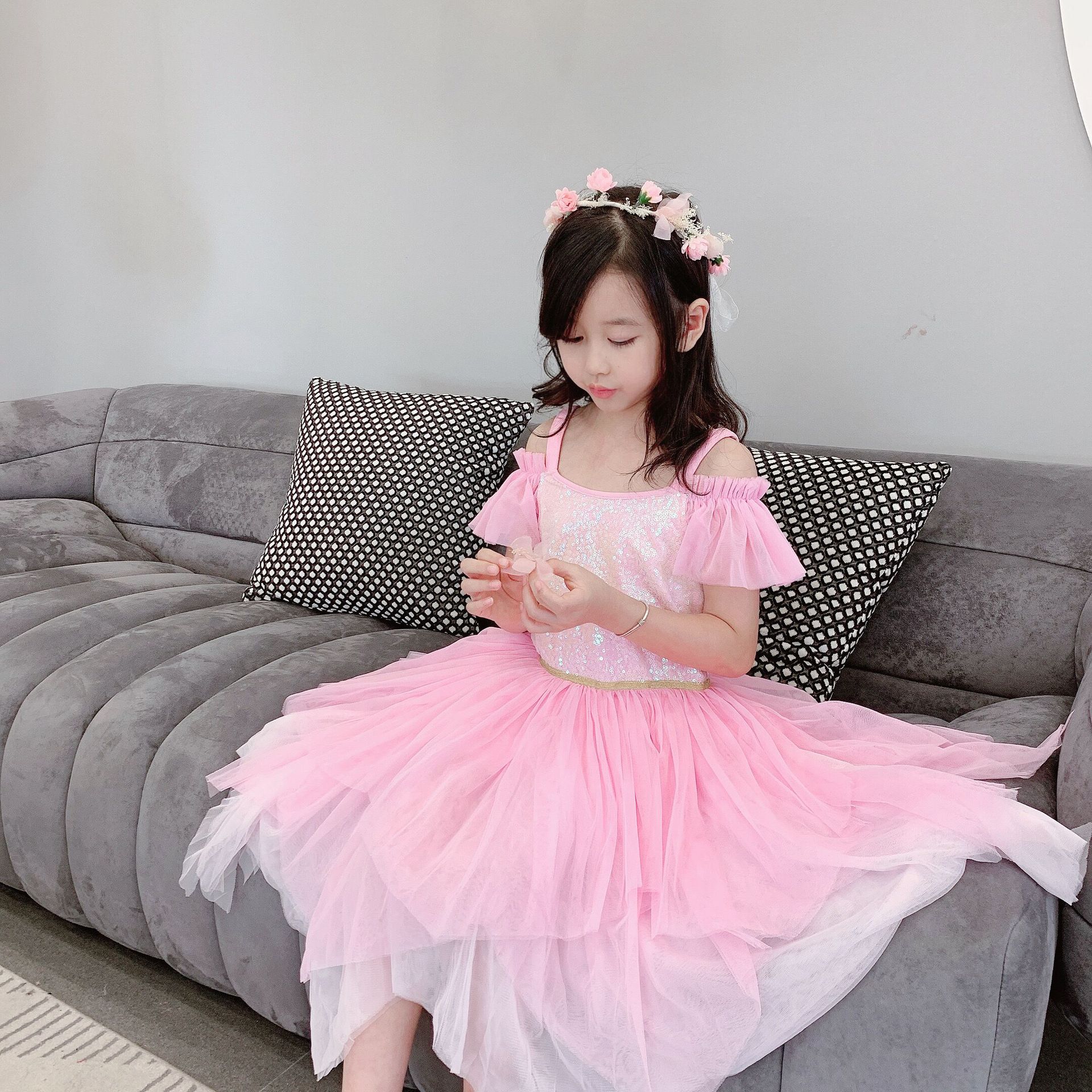 包邮2149夏款新品粉色珠片露肩重工女童礼服网纱连衣裙