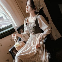 欧式田园风裙子法式马甲两件套中世纪古着油画别致连衣裙复古田园
