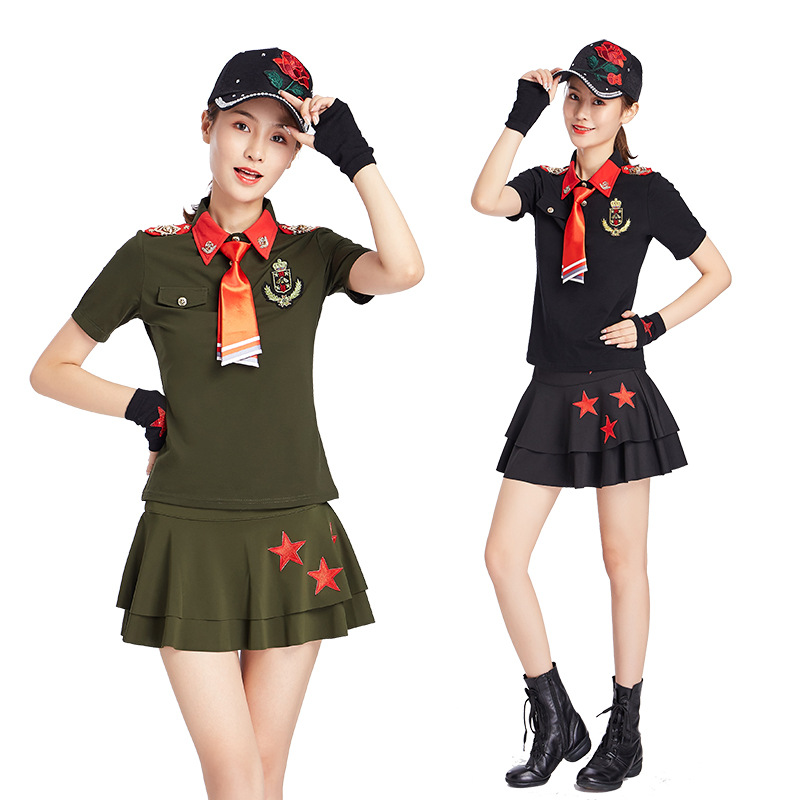 新款广场舞跳舞衣服演出套装水兵舞蹈服装翻领短袖t恤短裙女上衣