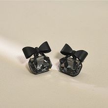 s925银针新款韩国黑色蝴蝶结水晶耳钉简约小巧复古气质冷淡风耳环
