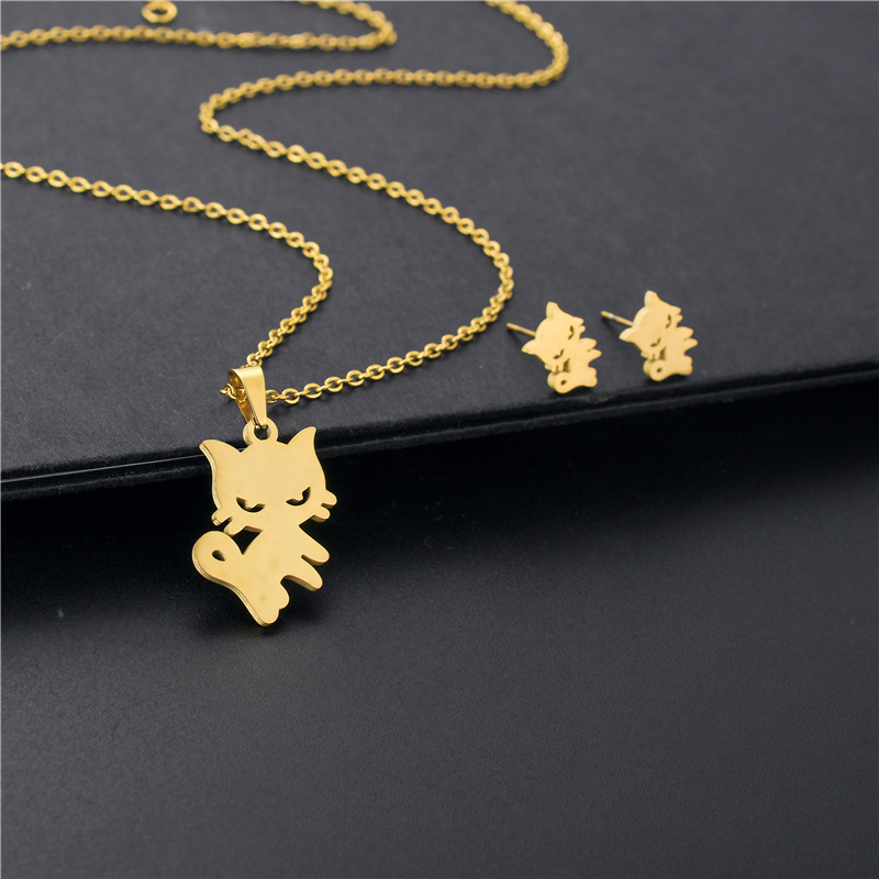 INS Style Cute Kitty Pendant Stainless Steel Necklace and Earring Suit Women's Clavicle Chain Niche Young Girl Jewelry