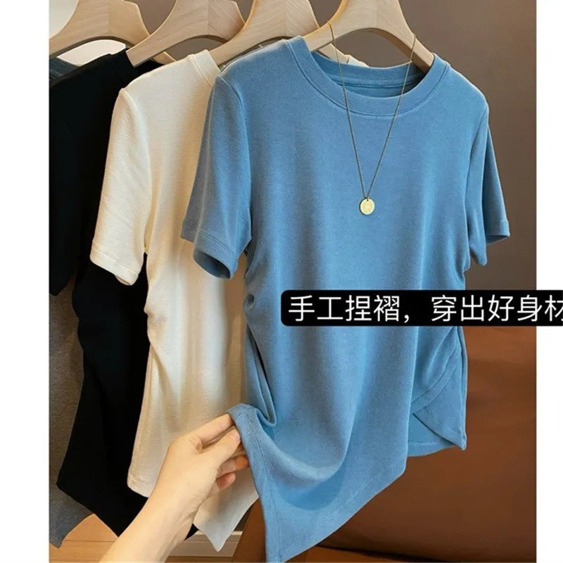 设计感不规则修身褶皱短袖T恤女夏季2025年韩式东大门小心机上衣