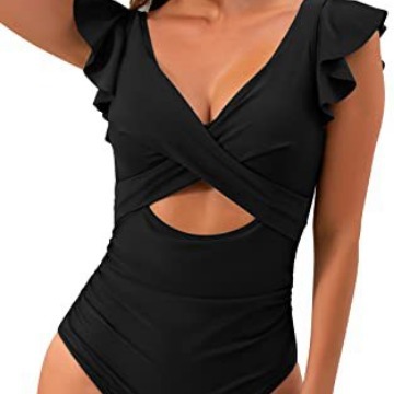 2024 Amazon European and American Style Women One-Piece Swimsuit Pleated Hollow-out Swimsuit Slim-Fitting Belly Contracting V-neck Wrap Swimsuit