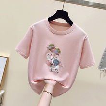 夏季粉色小象重工刺绣纯棉短袖T恤女
