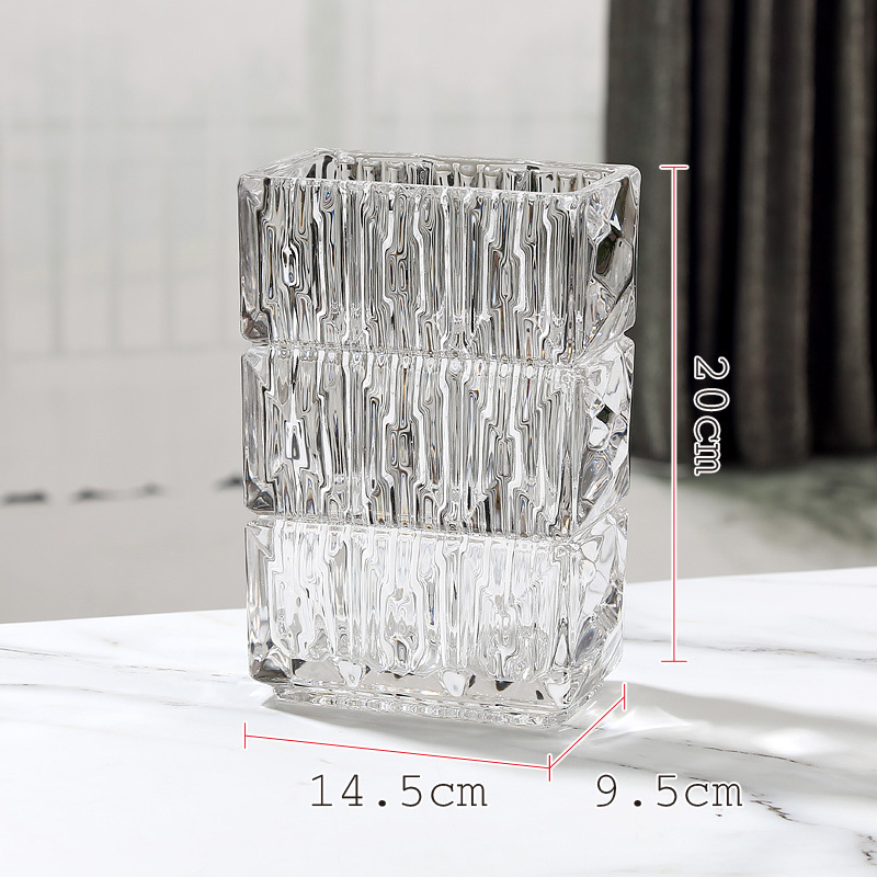 Thickened Square Fine Carved Glass Transparent Aquatic Flower Vase Dining Table Home Decoration Soft Decoration