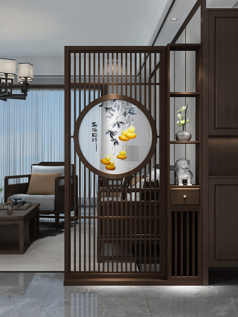 刺绣屏风客厅实木隔断柜入户玄关卧室现代新中式轻奢镂空格栅遮挡