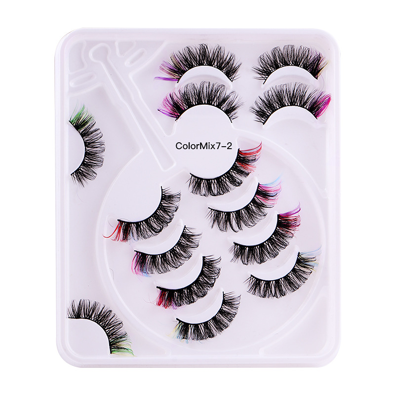 Europe and America Cross Border Popular Chemical Fiber Color False Eyelashes 7 Pairs Thick Curl Simulation D Song Eyelash in Stock Wholesale