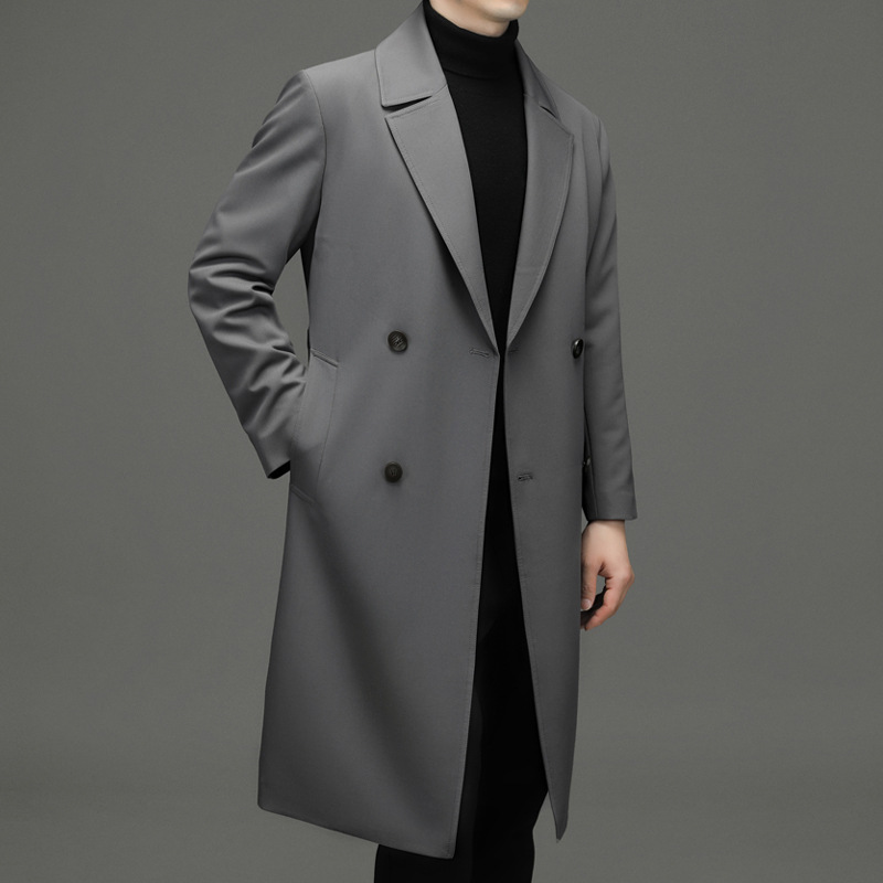 汤米黑示中年春秋男风衣2024新款外套纯色西服领长款商务时尚休闲