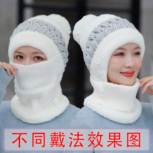 冬季新款帽子女士韩版毛线帽围脖一体保暖帽冬天加绒多功能针织帽