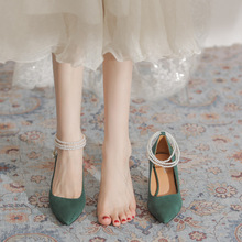 8371-8法式复古细跟尖头珍珠缠绕两穿款绒面高跟鞋仙女风中跟单鞋