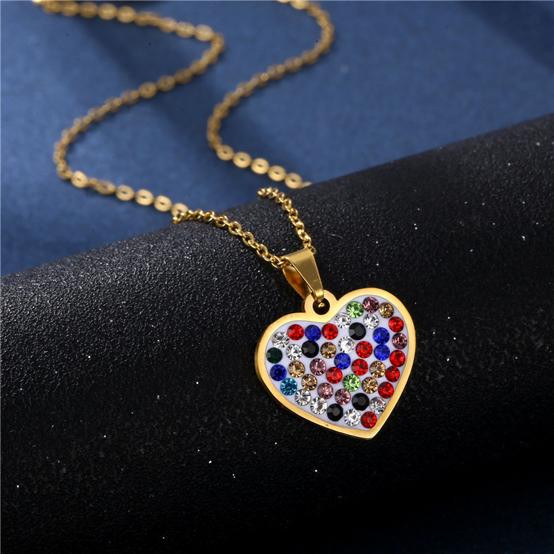 Stainless Steel Diamond Heart-Shaped Necklace Personality Nordic Style Fashion Love Modeling Jewelry Cross-Border Clay Colorful Crystals Pendant