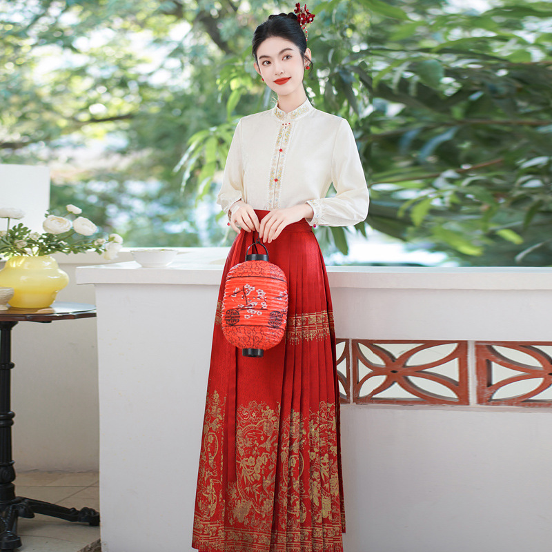 新中式国风衬衫上衣改良汉服日常衬衣套装高定织金马面裙两件套装