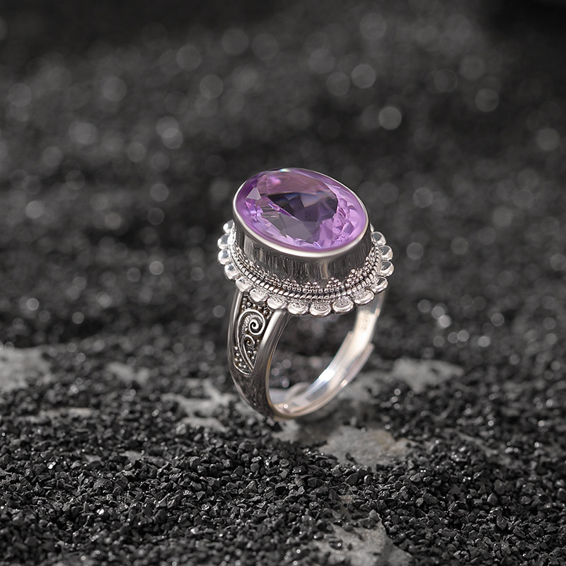 壹鹿银s925纯银紫水晶复古做旧编织花纹蛋面戒指时尚气质切面指环