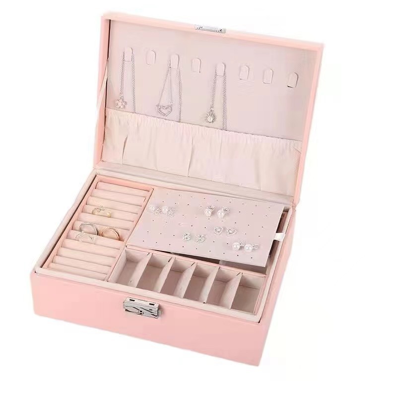 Wholesale New Large Capacity New Double Layer Jewellery Box Pink Flannel Necklace with Hand Gift Packing Box in Stock