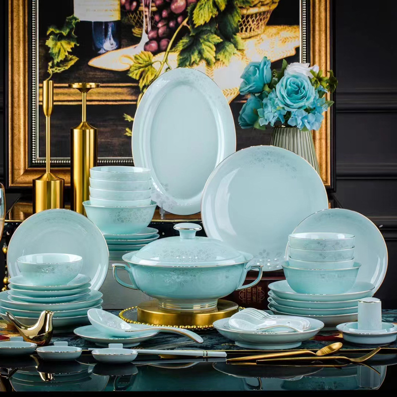 68头青瓷餐具套装景德镇青瓷饭碗菜盘银行积分礼品广告促销赠品碗