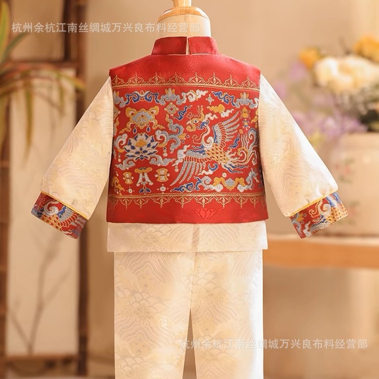 国风暗红色短款妆花马面裙中式马甲布料新年旗袍童装金线提花面料