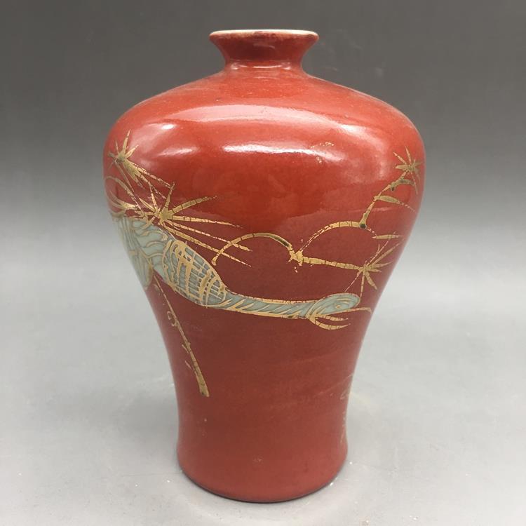 古物晚清红釉描金梅瓶 古玩古董 做旧瓷器 摆件收藏老物件