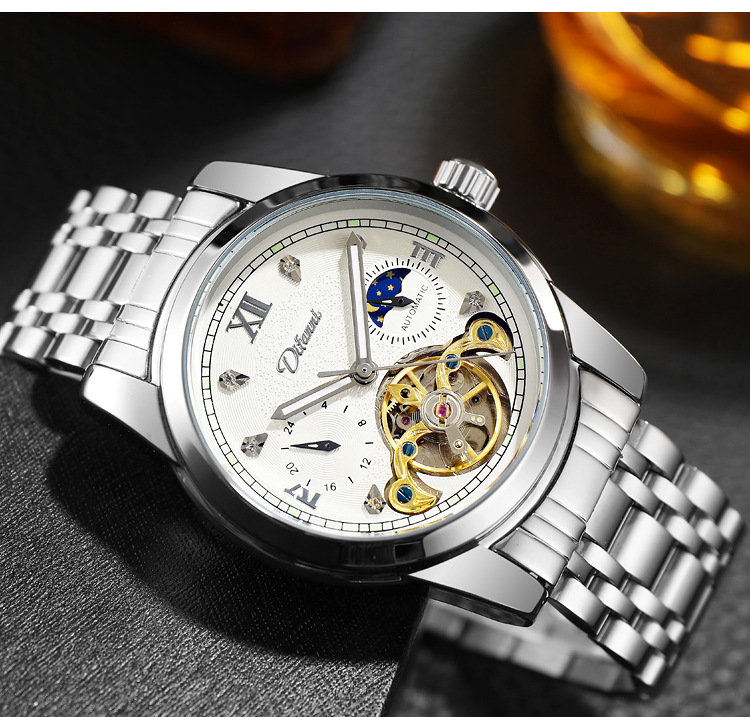 狄凡尼全自动机械表瑞士大飞轮男士机械表夜光日月星辰功能男手表