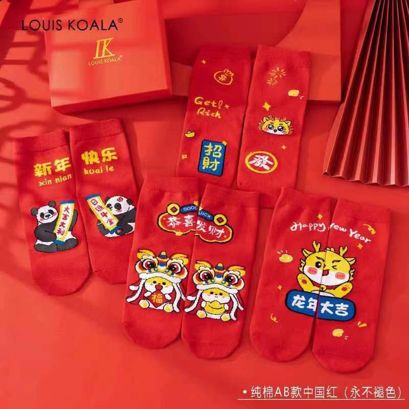 Gift Box Red Socks Autumn and Winter New Tube Socks Birth Year Types a and B Cartoon Women's Socks Chinese Red Dragon Year Men's Socks