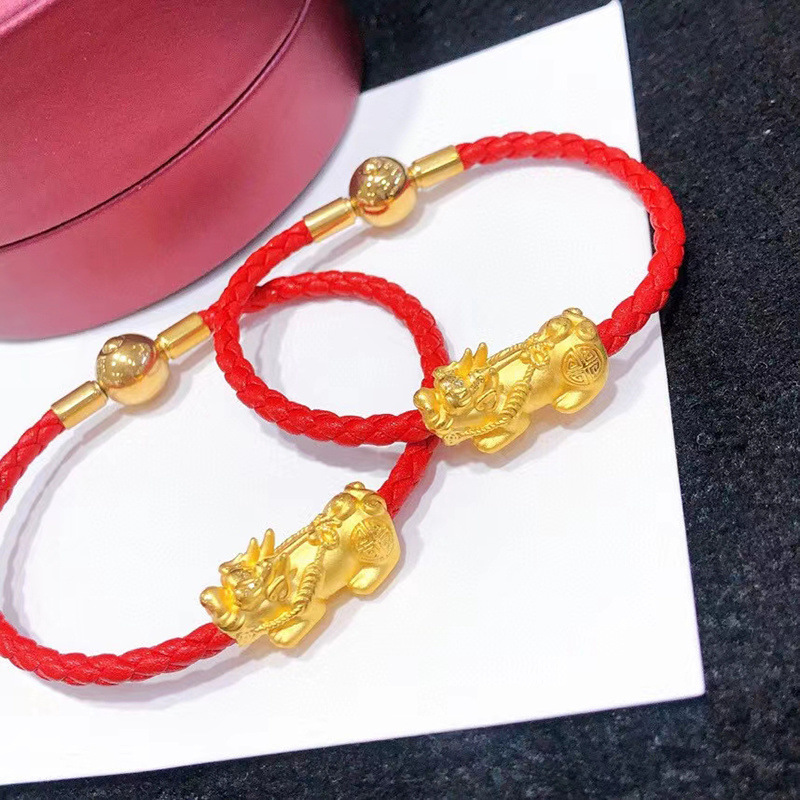 黄金貔貅手串999足金麒麟转运珠3d硬金男女情侣款皮绳手链送