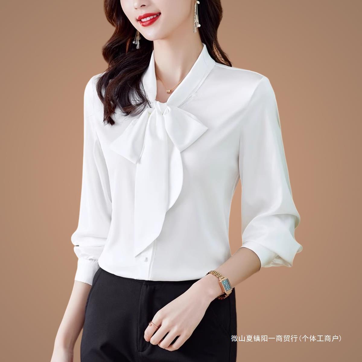 白色蝴蝶结飘带桑蚕丝真丝衬衫女缎面时尚洋气职业气质打底衬衣