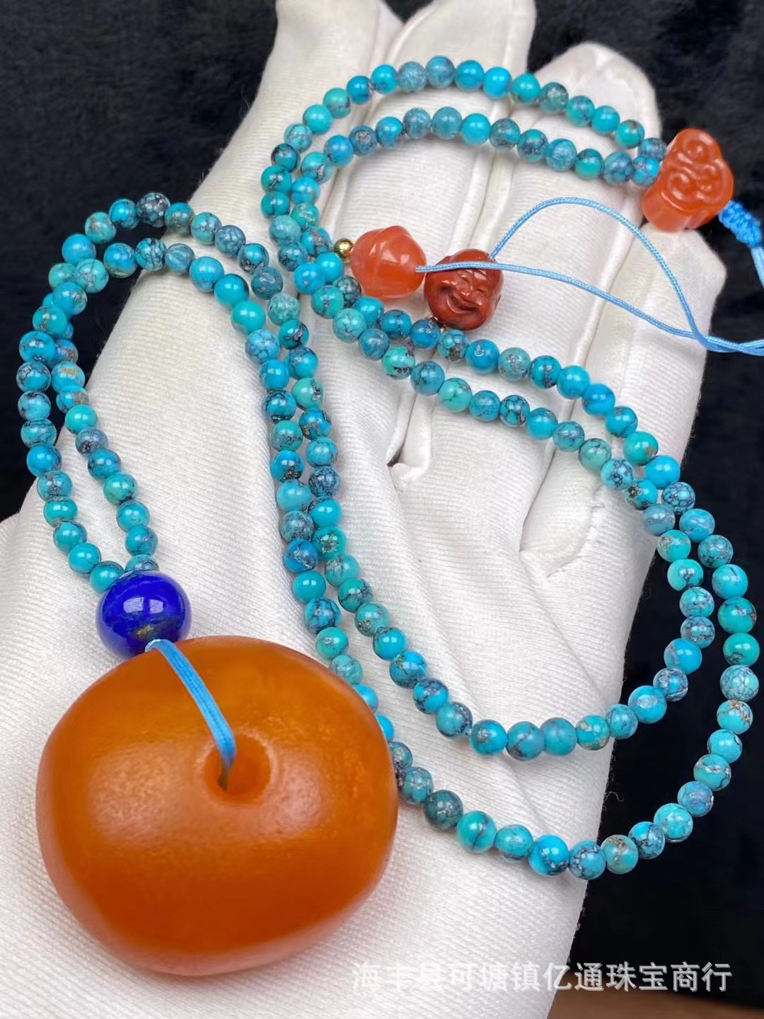 天然老蜜蜡藏扣毛衣链搭配原矿绿松石3.9mm链青金南红等亿通珠宝