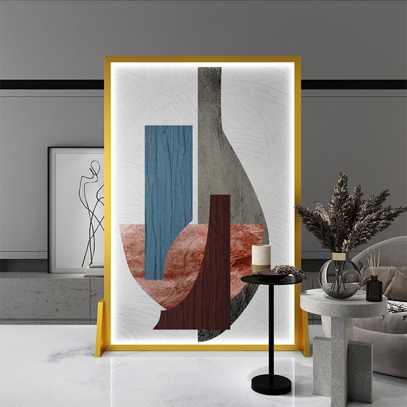 现代简约艺术抽象可移动实木屏风隔断客厅玄关入户铝合金玻璃