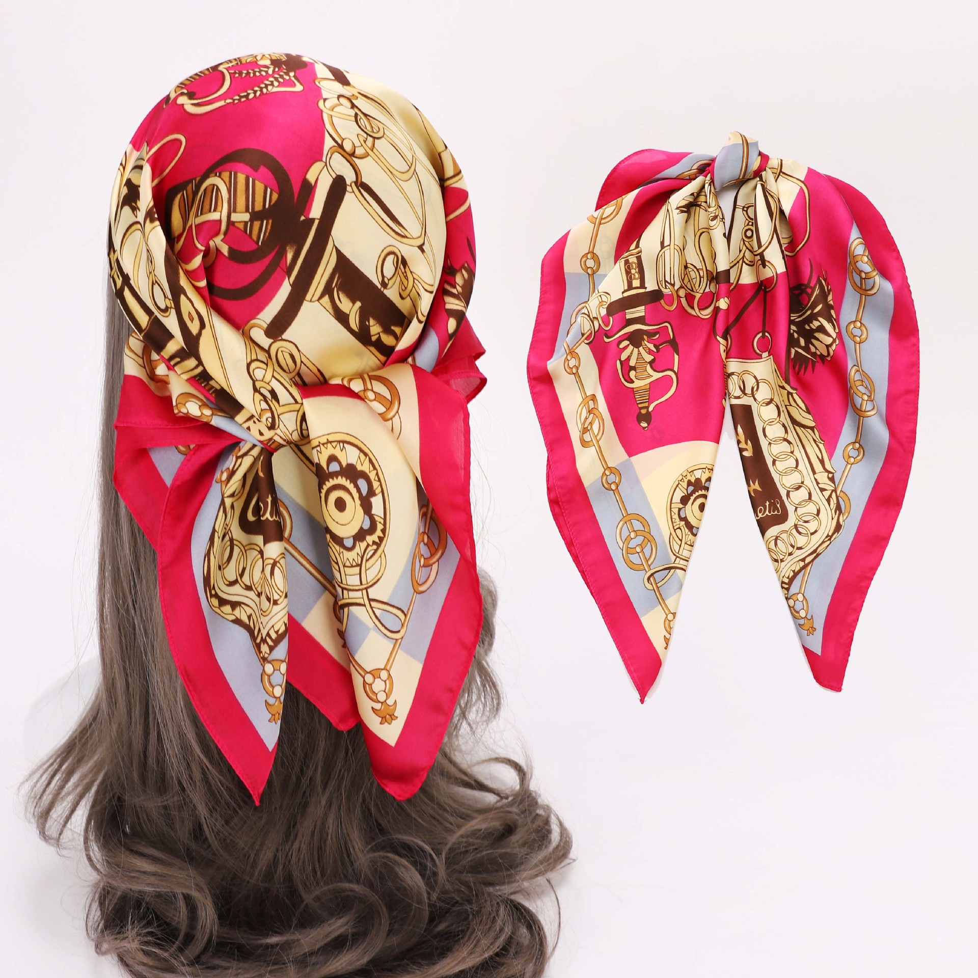 22 Autumn New Satin Artificial Silk European and American Style Headscarf Women's Kerchief Neckerchief Hair Band Printing Hand Gift