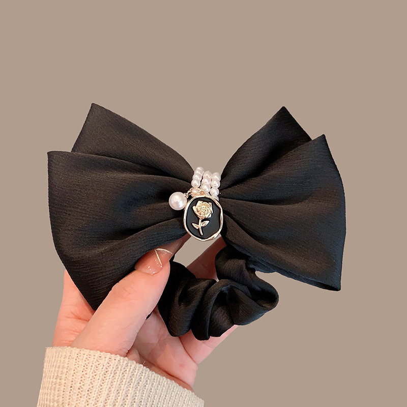 French Satin Big Bow Hair Ring Hair Accessories Korean Style Heavy Industry Pearl Camellia Hair Rope Bun Temperament Rubber Band