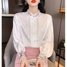 新中式国风白色刺绣复古衬衫女春季提花小衫禅意盘扣唐装汉服上衣